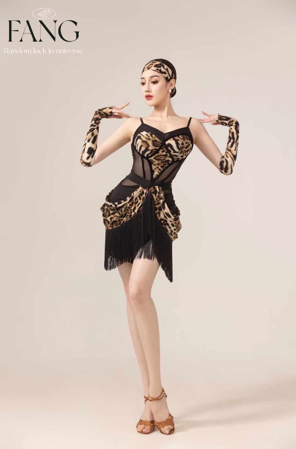 Leopard Print Performance Set - Mesh Top & Fringe Skirt (Includes Headband & Arm Sleeves)
