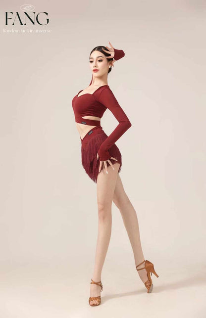 Premium Red - Long-Sleeve Top & Fringe Skirt