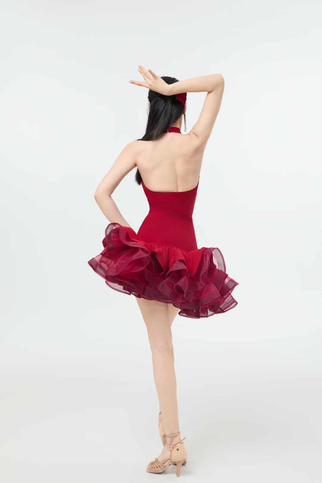 Backless Low V-Neck Halter Top and Rose-Shaped Skirt Dance Outfit