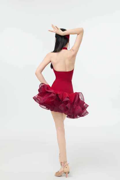 Backless Low V-Neck Halter Top and Rose-Shaped Skirt Dance Outfit