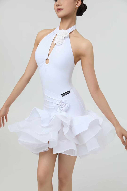 Backless Low V-Neck Halter Top and Rose-Shaped Skirt Dance Outfit