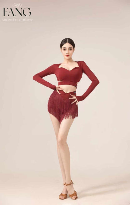 Premium Red - Long-Sleeve Top & Fringe Skirt