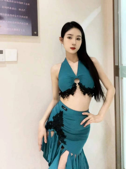Peacock-Inspired Open-Back Halter Dance Set