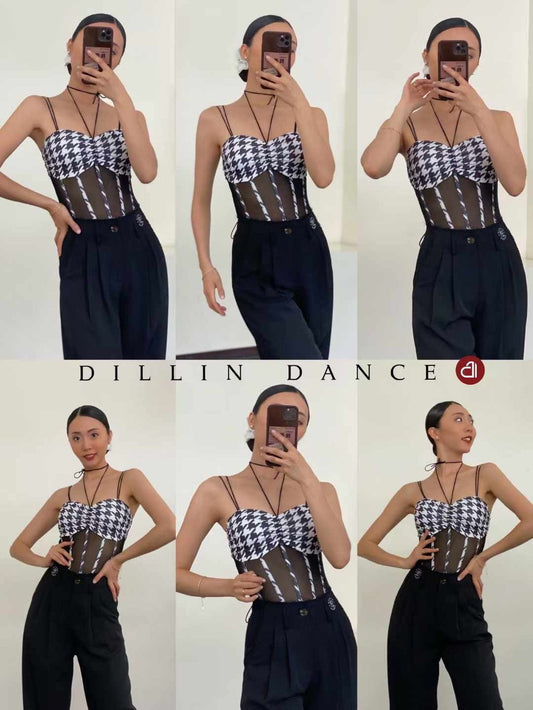 Modern Slim-Fit Houndstooth Dance Costume with Spaghetti Straps