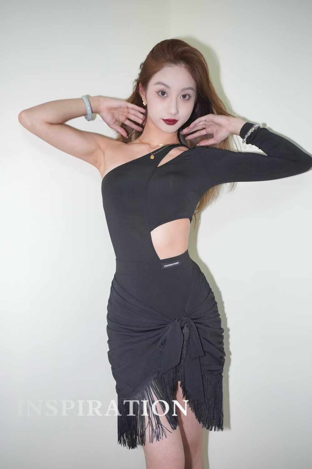 Asymmetrical Dance Costume with Fringed Skirt set