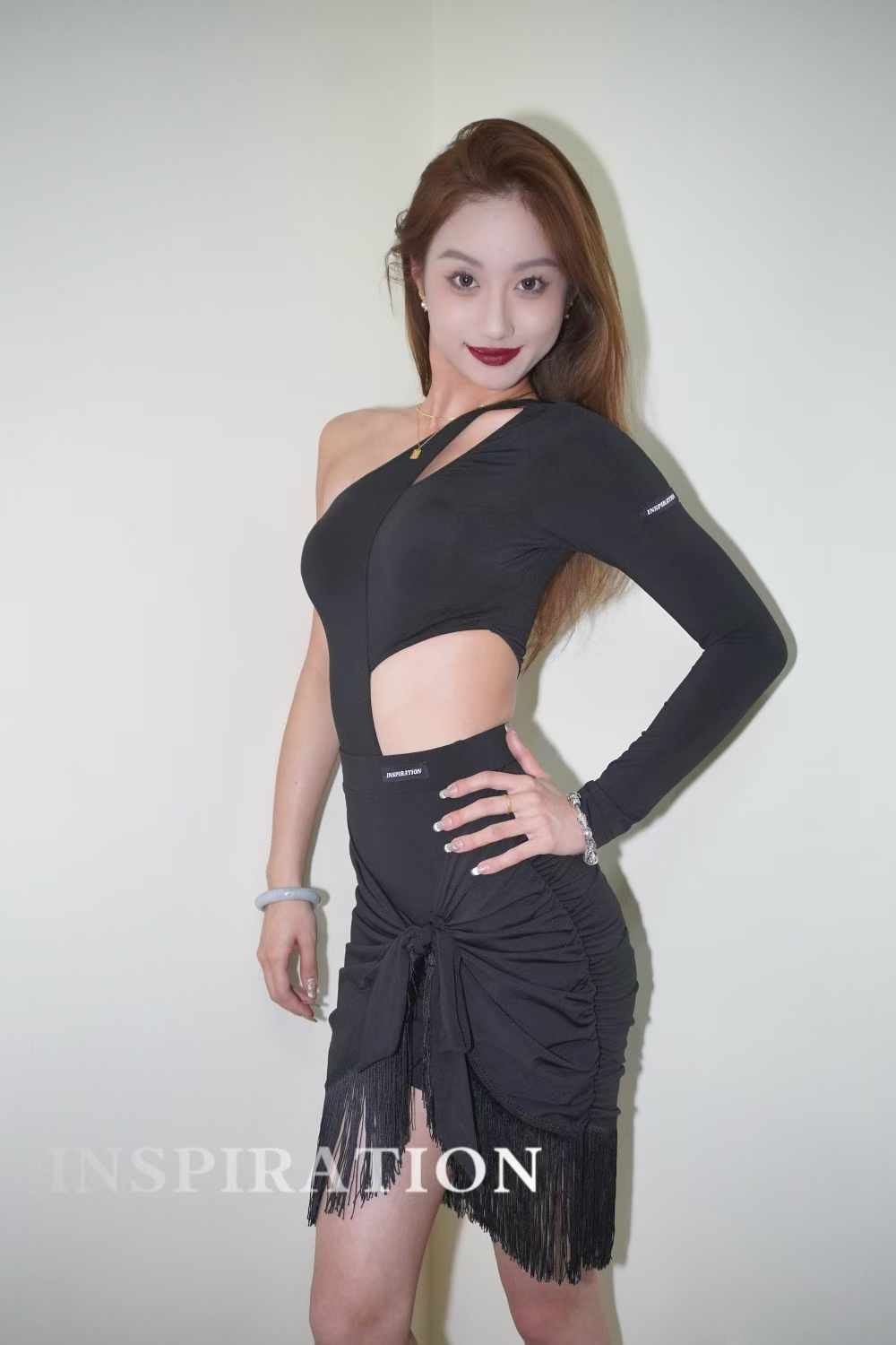 Asymmetrical Dance Costume with Fringed Skirt set