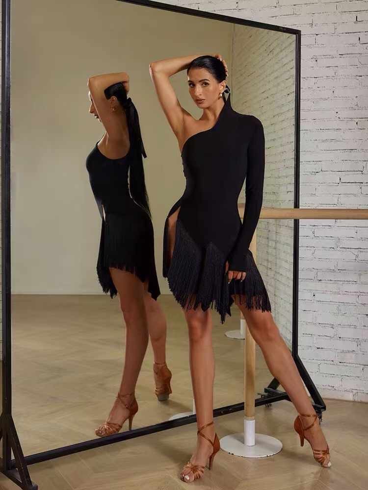 Asymmetrical Shoulder Dance Outfit with Structured Boning