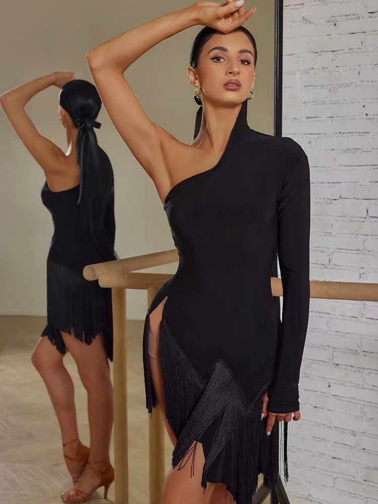 Asymmetrical Shoulder Dance Outfit with Structured Boning