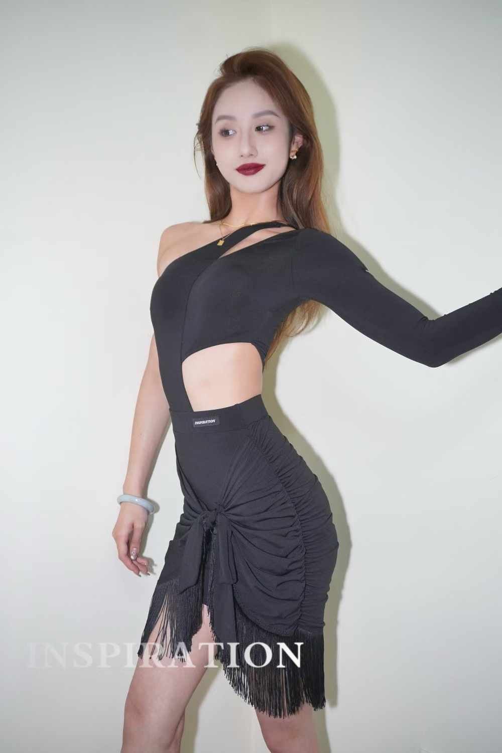 Asymmetrical Dance Costume with Fringed Skirt set