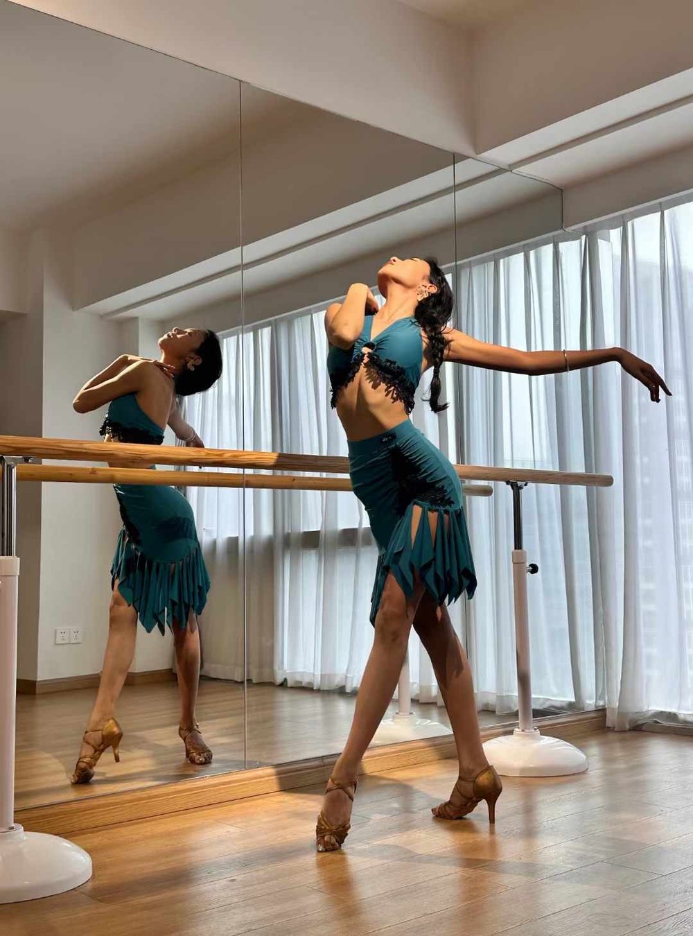 Peacock-Inspired Open-Back Halter Dance Set