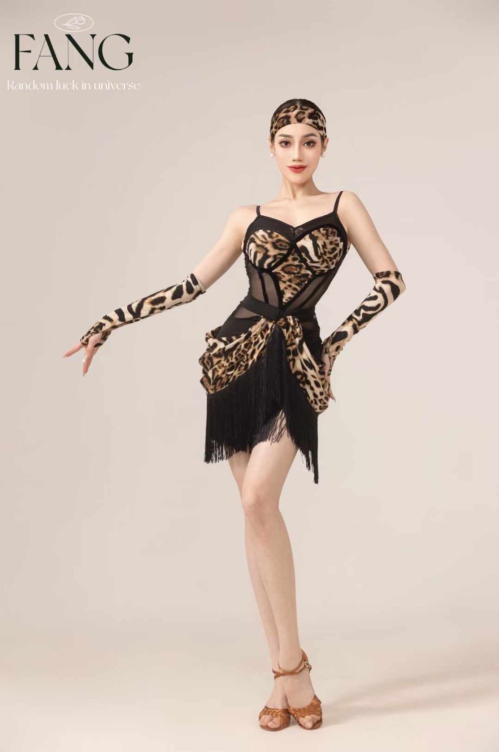 Leopard Print Performance Set - Mesh Top & Fringe Skirt (Includes Headband & Arm Sleeves)