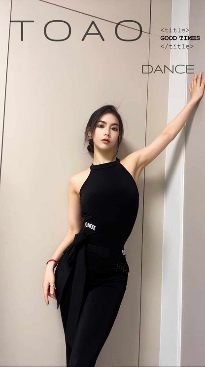 Black Cut-Out Back Sleeveless Halter Jumpsuit with Comfortable Long Pants